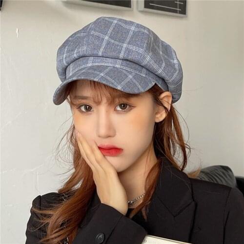 Maikun Vintage Womens Plaid Octagonal Cap British Student Art Style Curved Brim Newsboy Hat Spring Autumn Wild Fashion Beret