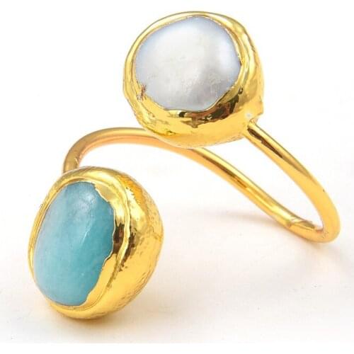 Freshwater Pearl Gold Color Bezel Pearl Finger Green Amazonites Rings Adjustable Gift Classic For Women