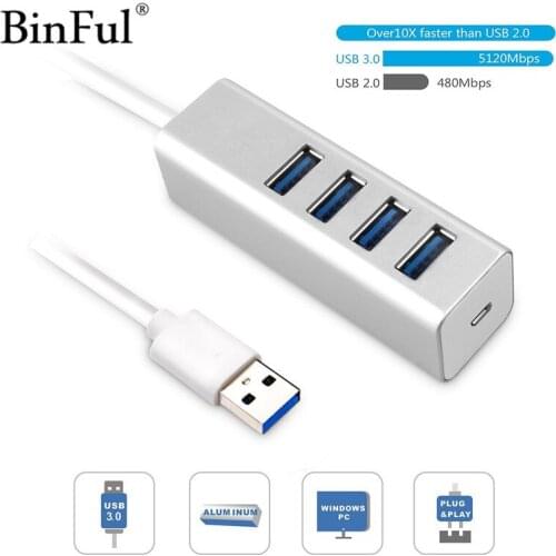 BinFul USB 3.0 Hub 4-Port Portable Aluminum Hub 3.0 with Built-in USB Cable and Universal Micro USB Power Port for Notebook PC
