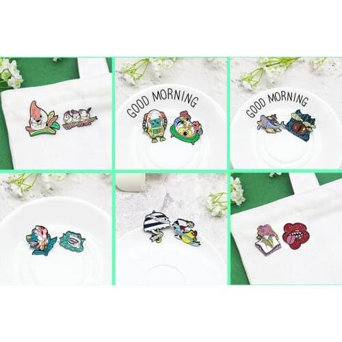 Cartoon fun Enamel Pin Robot UFO Mountain whale Brooches Flower mushroom Dog shark bird Animal Lapel Pin Wine cup Umbrella badge
