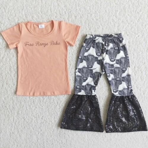 Fashion Kids Clothing Two Piece Sets Baby Girls' Cow Heifer Top With Black Sequin Pants Outfits Baby Summer Clothing Set
