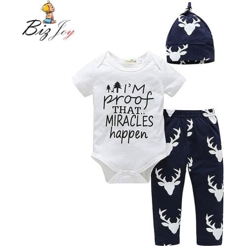 Baby Infant Clothes Set Print Deer Casual Toddler Boy Girl Clothing Short Sleeve Romper Tops Long Pants Hat 3PCS Set Play Mats