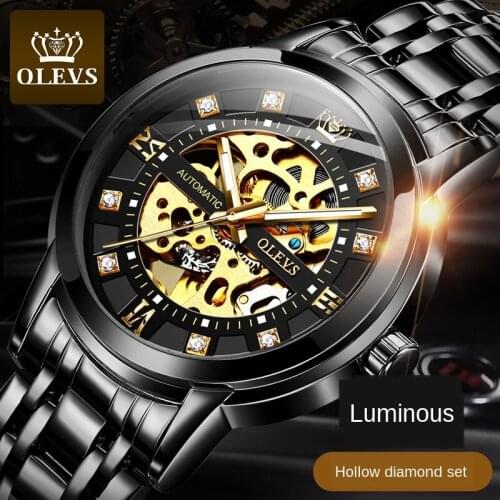 OLEVS Luxury Skeleton Automatic Mechanical Mens Watch Hollow Luminous Diamond Men Watches Stainless Steel Business Sports Clock