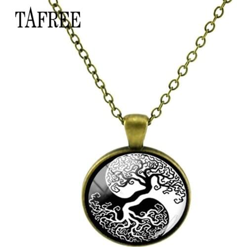 TAFREE Tree of Life Round Shape Necklace Tai Chi Yin Yang Glass Cabochon Dome Antique Bronze Plated Necklaces For Women T445