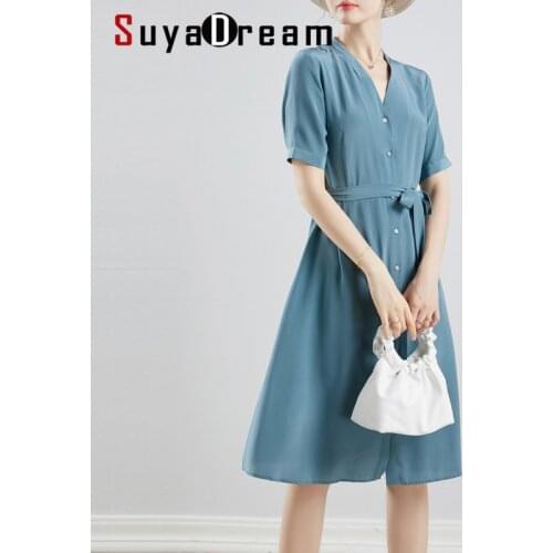 SuyaDream Woman Elegant Dress 100%Silk Solid V neck Office Lady Shirt Dresses 2020 Summer Sashes Midi Dress Vestidos