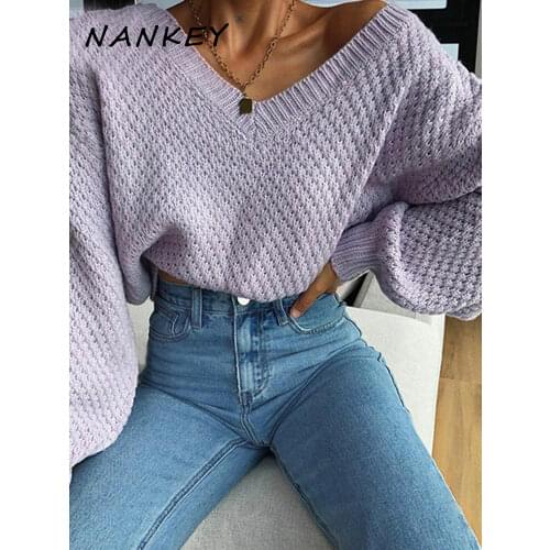 NANKEY Violet Pullover Drop Shoulder Women 2021 Female Long Sleeve Streetwear Oversized Knitted Y2K Sweaters Winter Clothes