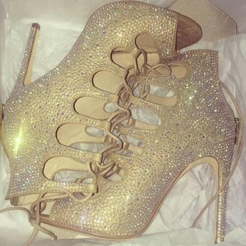 Luxury Bling Bling Crystal Ankle Boots Peep Toe Lace-up Rhinestone Boots Cut-out Gladiator Heels Party Dress Shoes Drop Ship