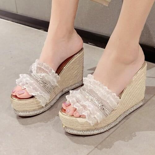 Sweet lace lotus lace rhinestone slippers summer new style wedge super high heel sandals open toe wedding shoes