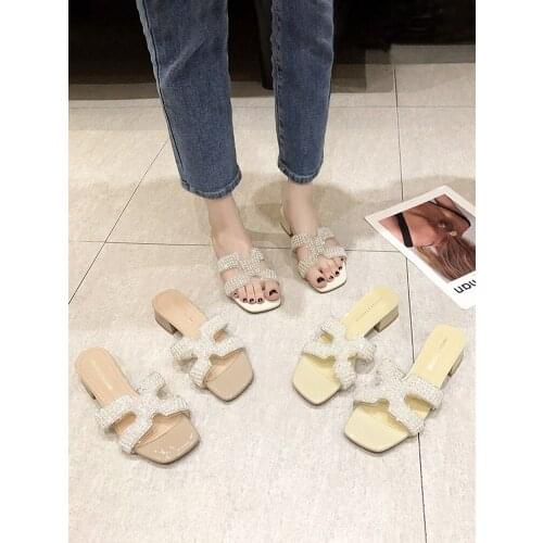 Slippers Womens Shoes Outdoor Summer 2021 New Flash Diamond Thick Heel Low Heels Slides for Women