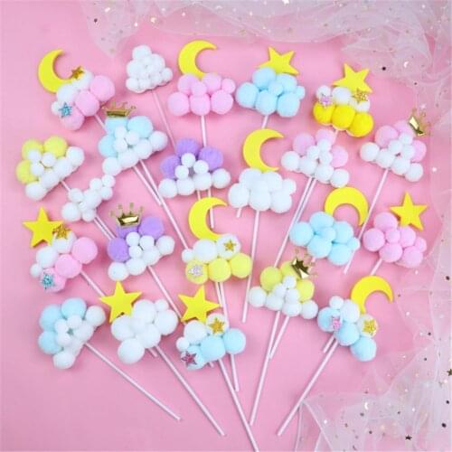 Moon Stars Soft Pompom Cloud Cake Topper for Baby Shower Baking Dessert Birthday Decoration Anniversary Supplies Kid Sweet Gift