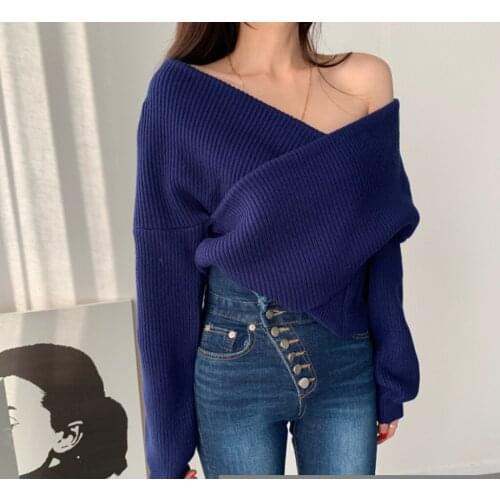 Knitted Pullover Women 2021 Spring Autumn New Fashion Sexy One Word Collar Cross Loose Top Oversized Knitted Sweaters Female Hot