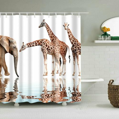 Shower Curtain Art Bathroom Decor Animals Giraffe and Elephant Design Curtains