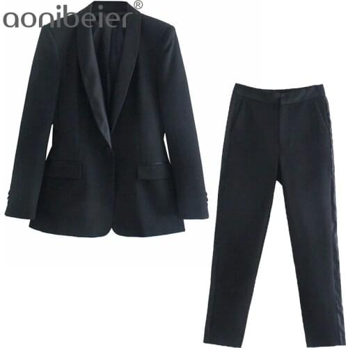 Aonibeier 2021 Za Autumn Woman Formal Suits Traf Slim Patchwork Long Blazers + Ankle Length Straight Pants 2 Piece Sets Female