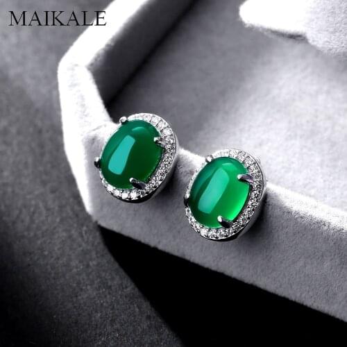 MAIKALE Luxury 925 Sterling Silver Stud Earrings with Cubic Zirconia Green Gem Stone Round Small Earrings for Women Jewelry Gift