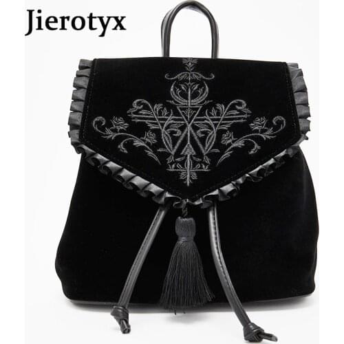 JIEROTYX Dark Harajuku Velvet Backpack Women Gothic Magic Embroidery Black Punk Style Ladies Backpack Travel Bags Shoulder Bag