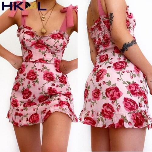 Summer Floral Print Spaghetti Strap Women Lace Up Ruffles Mini A- Line Dress Beach Holiday Sundress 2021 New Vestidos Fashion