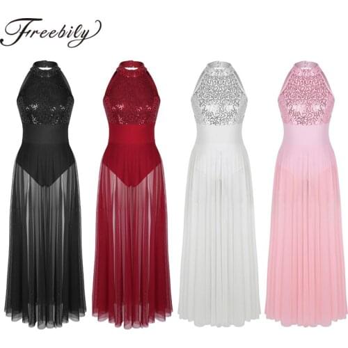 Women Sleeveless Halter Shiny Sequin Ballet Leotard Adult Stage Lyrical Dance Costumes Ballet Tutu Maxi Mesh Dance Dress