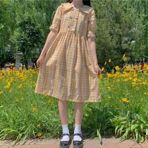 Vigorous Girls Contrasting Color Plaid Dress Japanese Sweet Summer Ageing Doll Collar Mid-Length Blouse Skirt lolita dress