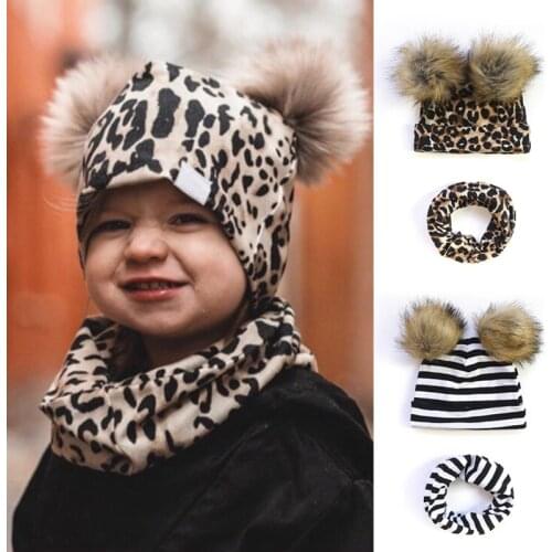 2 Pcs/Set Pompom Baby Hat Scarf Set Leopard Printed Newborn Girl Boy Beanie Hat Warm Autumn Winter Toddler Kids Beanies Cap