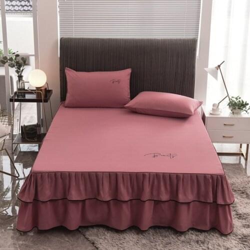 2020 new products Solid color embroidery Bed spread Fitted Sheet Pillowcases 2/3 pcs Luxury Double Ruffle Princess bedding