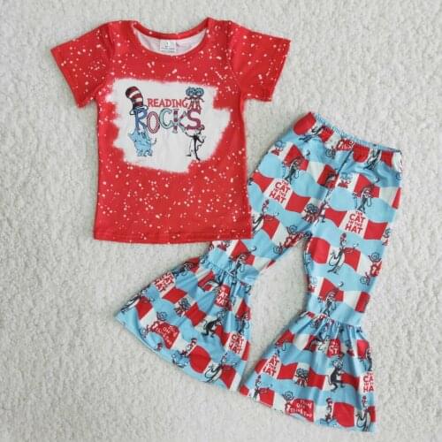 2021 cute cartoon cat in hat print red short sleeve bleached shirt bells pants set spring outfit for baby girl kids clothing