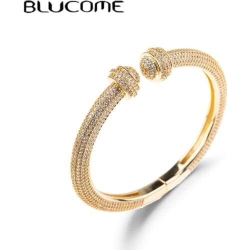 Blucome New Exquisite Full CZ Zircon Gold Color Open Bangle Jewelry For Party Wedding Women Fashion Accessories Holiday Gifts