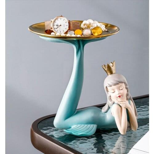 European Resin Mermaid Monkey Girl Key Storage Metal Tray Ornaments Home Livingroom Coffee Table Fruit Tray Decoration Crafts
