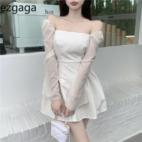 Ezgaga Elegant Dress Women Autumn 2021 New Slash Neck Removable Long Sleeve Patchwork Temperament Dresses Korean Fashion