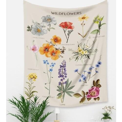 Botanical Wildflower Tapestry Wall Hanging Flower Reference Chart Hippie Bohemian Tapestries Colorful Psychedelic INS Home Decor