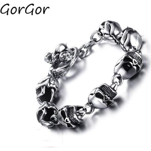 GorGor Stainless Steel Skull Hip Hop Punk Style Bangles Sliver Color with Elegent Bracelet for Man Party Jewelry BR-290