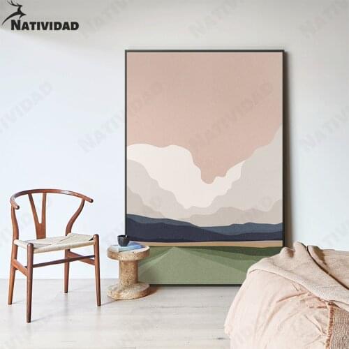 Macaron Color Art Landscape Painting Art Print Poster Scandinavian Wallpaper Home Decoration Clouds Mountains River Sun Posters