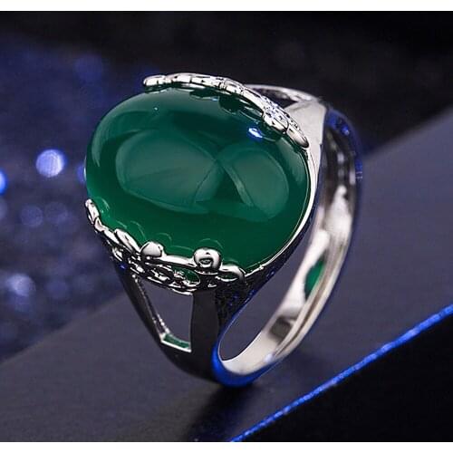 Green jade emerald gemstones red agate rings for women vintage fashion jewelry luxury bijoux white silver color party gift bague