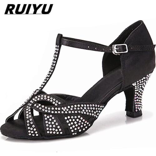 Latin Dance Shoes Womens Salsa Tango Dance Sneakers Girls High Heel Sandals Black Satin Rhinestones Summer Shoes For Women