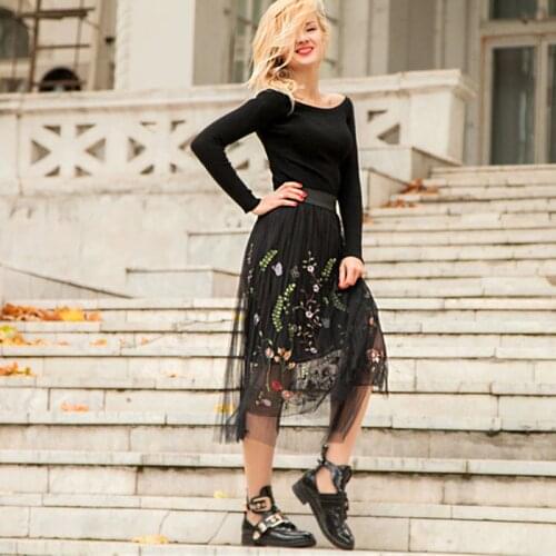 Summer Style Flower Embroidery Gauze Long Skirt Fairy Student Pleated Elastic High Waist A-Line Tulle Skirts Jupe Mesh Skirt