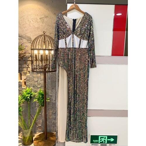 Trendy Black Sequins Long Sleeves glitter sequins Celebrity Club deep v neck Maxi Dress high slit evening wedding party birthday