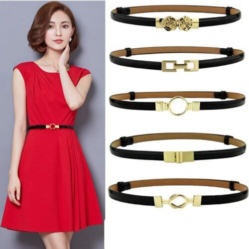 Fashion Thin Belts For Women Gold Buckle Waistband Woman PU Patent Leather Female Strap Belt Dress Adjust Cintos Femininos Black