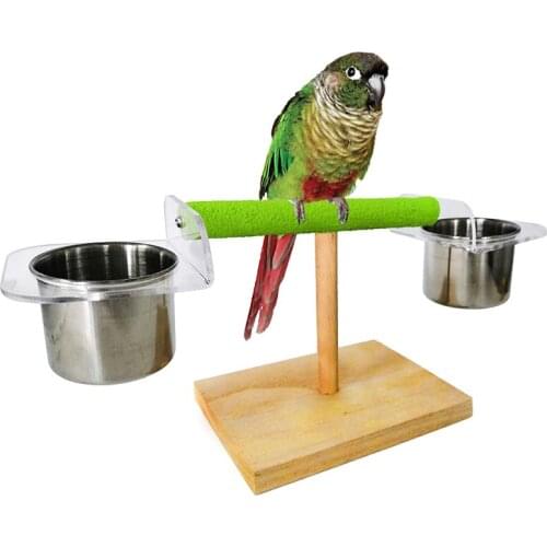 Natural Wooden Birds Perch Parrots Hanging Swing Cage Pendant Toys Stand Holder Parrot Training Perch Toy With Feeder Cups