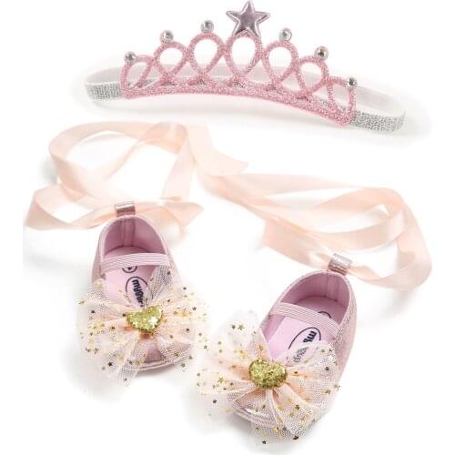 Toddler Baby Girls Shoes Soft Sole Crib Newborn Baby Lace Bow Princess Shoes+Headband 2Pcs Set Infant Cute Party First Walkers