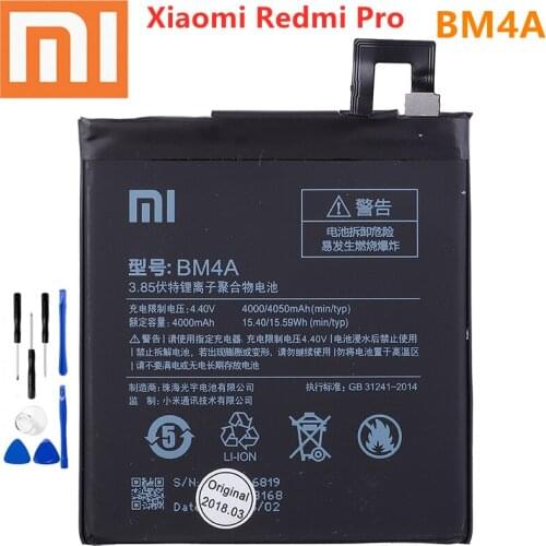 Original xiaomi BM4A 4000mAh for Xiaomi Redmi Pro battery xiaomi battery 4000mAh BM4A mobile redmi pro phone battery +tools