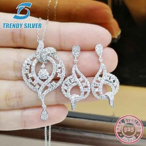 Complete pure 925 sterling silver zirconia clear CZ luxury jewelry set ring earrings for woman pendant necklace trendy design