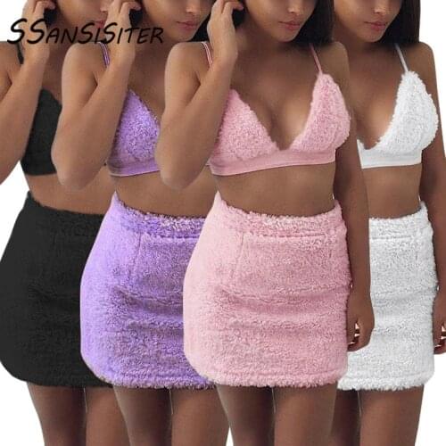 Sexy Women Sets Two Piece Velvet Plush Crop Top Mini Skirts Sleepwear Tracksuit Streetwear Casual Workout Sweatshirt Suits