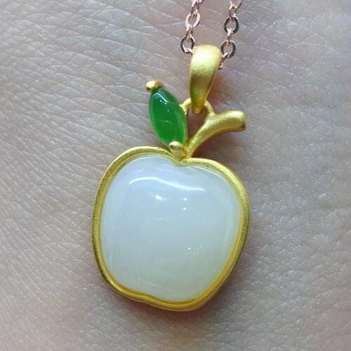 Silver Inlaid Jade S925 Gold Three-Dimensional Apple Natural Hetian Jasper Jade Pendant