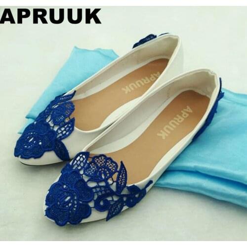 Slip on plus size flat wedding shoes bride fashion women spring summer flat heel blue color party dress lace flats shoes