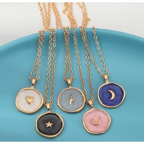 Vintage Women Long Simple Stars Moon Heart Round Double Layer Golden Pendant Necklace Jewelry For Girl