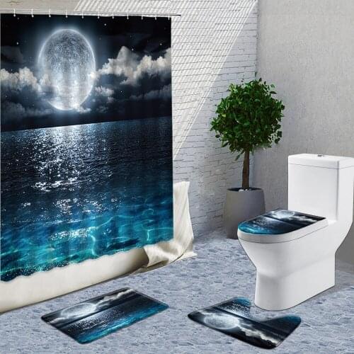 Moon On The Sea Fabric Shower Curtain Set Bathroom Curtains Fabric Carpet Set Ocean Scenery At Night Bath Decor Things For Home