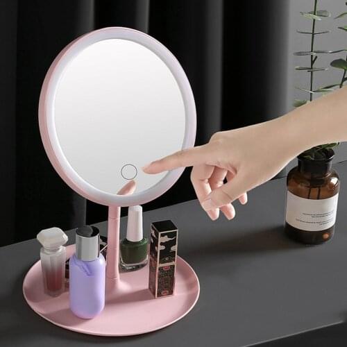 Makeup Mirror Storage Tray LED Face Mirror Three-color Dimmable Touch Screen USB Led Vanity Backlit Mirror Table Cosmetic Mirror