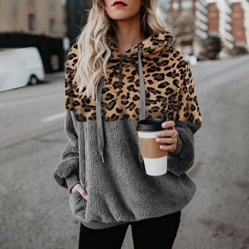 2021 Autumn Women Leopard Patchwork Plush Fleece Sweatshirts 2021 Women Pocket Long Sleeve Loose Pullover Hooded Coats