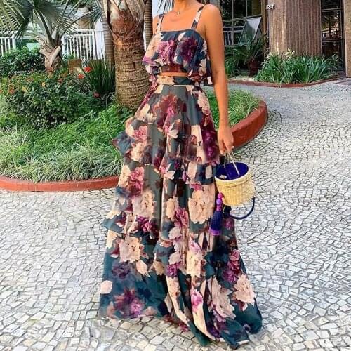 Women Summer Sexy Skirt Sling Crop Top+Maxi Long Skirt Casual Floral Printed Ruffled Cake Skirt High Waist Two Piece Set