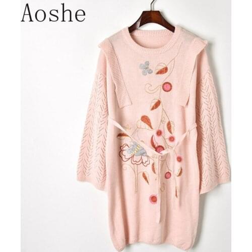 New Women Dress Spring Embroidered Butterfly Flower Belt Hollow Horn Sleeve Knitted Summer Dress