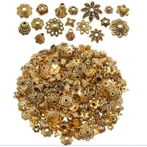 100 Gram (About 250-350pcs) Bali Style Mixed Bead Caps Metal Flower Bead End Caps for DIY Jewelry Making Wholesale, Antique Gold